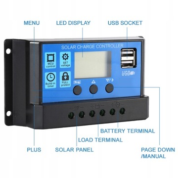 РЕГУЛЯТОР ЗАРЯДКИ 12 В 24 В СОЛНЕЧНЫЙ КОНТРОЛЛЕР 30 А ЖК-дисплей 2xUSB ШИМ