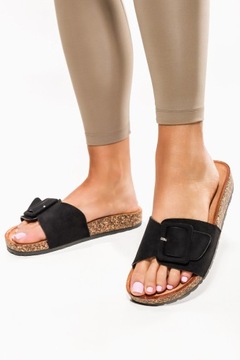 ЧЕРНЫЕ ЖЕНСКИЕ ТАПОЧКИ НА ПРОФИЛИРОВАННОЙ ПРОБКОВОЙ ПОДОШВЕ, ПЛОСКИЕ, размер 38