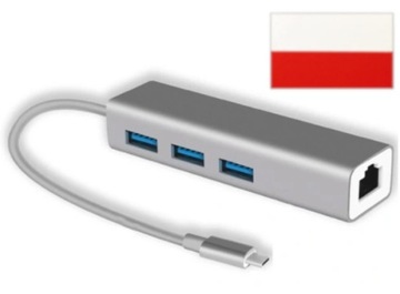 Adapter HUB USB C przejściówka rozgałęźnik RJ45 ethernet + naklejka