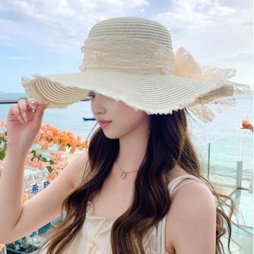 Women Straw Hat Lace Bow Faux Pearl Decor Beach Sun Hat Wide