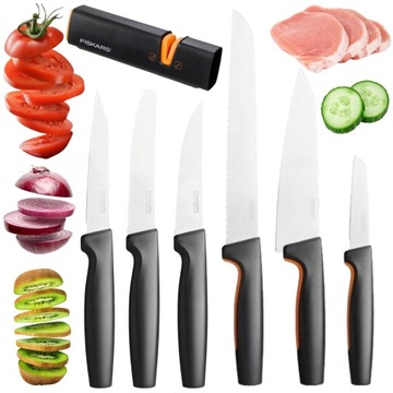 ZESTAW 6 NOŻY KUCHENNYCH FISKARS W PUDEŁKU OSTRE SOLDNE MOCNE + OSTRZAŁKA