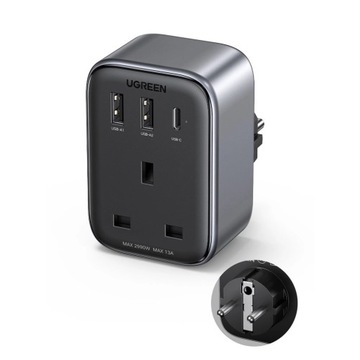 Ładowarka sieciowa 30W (2xUSB/USB C/AC) / adapter UK - EU 13A Ugreen CD314