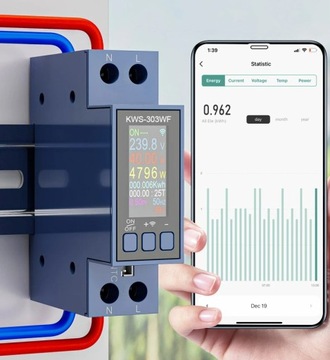 Licznik WiFi TUYA energii prądu watomierz przekaźnik 40A LCD na szynę DIN