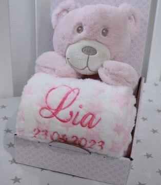 Zestaw MIŚ - Kocyk z imieniem i obrazkiem + różowa MASKOTKA baby shower