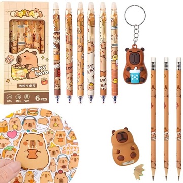 DŁUGOPISY ZMAZYWALNE ŻELOWE KAPIBARA + OŁÓWKI TEMPERÓWKA BRELOK i NAKLEJKI