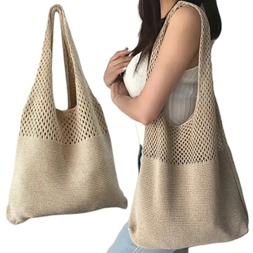 TORBA DAMSKA MŁODZIEŻOWA NA RAMIĘ DZIANINOWA NA SZYDEŁKU BEŻOWA LETNIA