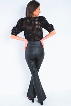 Czarne damskie spodnie z eko skóry eleganckie dzwony z gumą w pasie XL