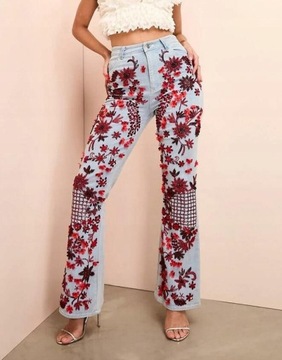 KWIATY KORALIKI QSM NH8__M NIEBIESKIE SPODNIE JEANS ZDOBIENIE