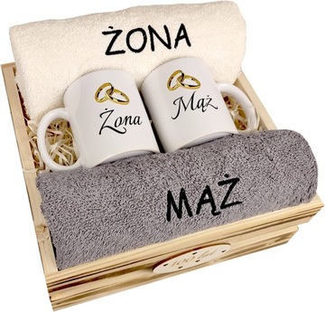 PREZENT NA ŚLUB ZESTAW RĘCZNIKI KUBKI MĄŻ ŻONA