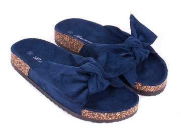 ТАПОЧКИ С ПРОБКОВЫМ БАНТОМ, ТЕМНО-СИНЯЯ ЗАМША 39