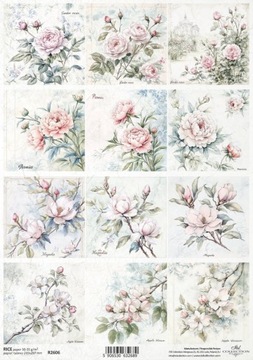 ITD Collection Decoupage Papier RYŻOWY - R2606 - KWIATY Róże Magnolie - A4