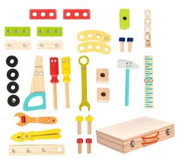 ЧЕМОДАН С ИНСТРУМЕНТАМИ ДЛЯ ДЕТЕЙ ДЕРЕВЯННЫЙ НАБОР DIY 35 ПРЕДМЕТОВ.