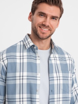 Flanelová pánska košeľa bavlna kockovaná modro-krémová V2 OM-SHCS-0157 L