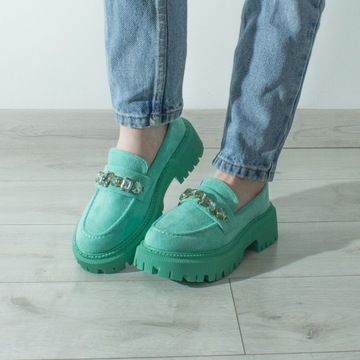 Женские замшевые мокасины на платформе с камнями Green Mint 41