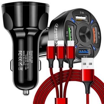 MOCNA SZYBKA ŁADOWARKA SAMOCHODOWA USB QC 3.0 + KABEL 3W1 C LIGHTNING USB