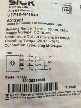 ФОТОПЕРЕДАТЧИК ДАТЧИК ОТРАЖЕНИЯ SICK VTF18-4P1840