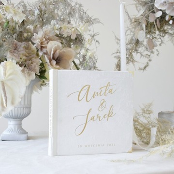 СВАДЕБНАЯ ГОСТЕВАЯ КНИГА, БЕЛАЯ, ЗОЛОТЫЕ БУМАГИ, бархат