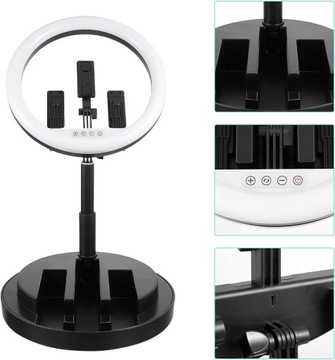 Кольцевая лампа для селфи с подставкой и держателями для телефона.
