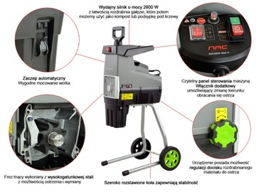 ROZDRABNIACZ DO GAŁĘZI NAC SHE280S-BAG-G 2800 W FREZ BIEG WSTECZNY + WOREK