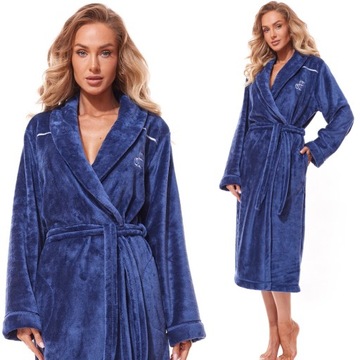 Ciepły DŁUGI SZLAFROK DAMSKI SZALOWY L&L 12312 Navy XL