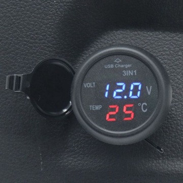 Motocyklowy 3w1 Woltomierz,Termometr UBS ładowania