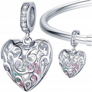 CHARMS AŻUROWE SERCE LOVE zawieszka srebro pr 925 SERDUSZKO CYRKONI KORALIK