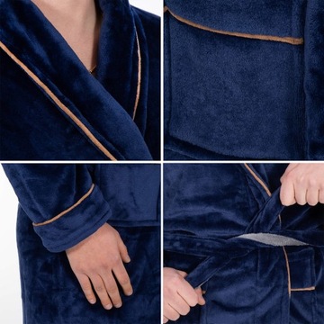 МУЖСКОЙ ХАЛАТ ПРЕМИУМ, XXL, ПУШИСТЫЙ, ЭЛЕГАНТНЫЙ ТЕПЛЫЙ, ДЛИННЫЙ ВЕЛЮР, ТЕМНО-СИНИЙ