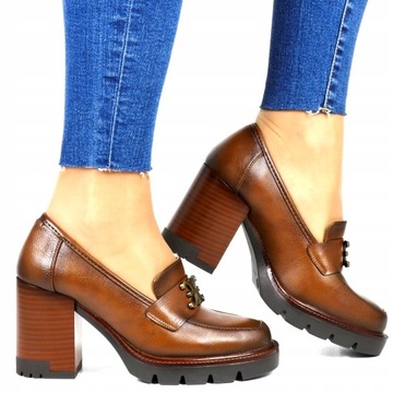 Туфли ЖЕНСКИЕ МОКАСИНЫ НА ВЫСОКОМ КАБЛУКЕ С ДЕКОРАТИВНОЙ ЗОЛОТОЙ ПРЯЖКОЙ