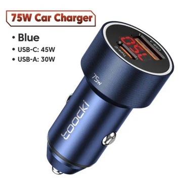 Toocki 75W ładowarka samochodowa USB QC PD Miernik + Kabel 1m jak Baseus