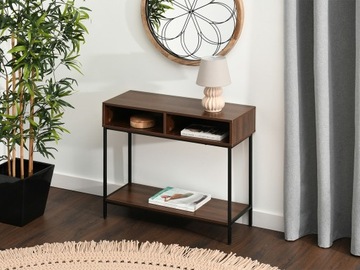 ДЕРЕВЯННАЯ НАСТЕННАЯ КОНСОЛЬ С ПОЛКАМИ ФРИДА ОРЕХ ЧЕРНАЯ МЕТАЛЛИЧЕСКАЯ ОСНОВА