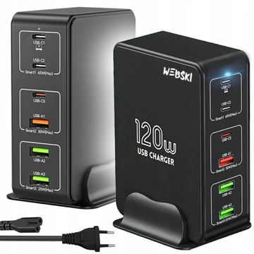 БЛОК ПИТАНИЯ СТАНЦИЯ БЫСТРОЙ ЗАРЯДКИ 6 портов USB 120 Вт 3 порта USB-C PD 3 порта USB
