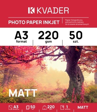 A3 PAPIER MATOWY 220g JEDNOSTRONNY DO ZDJĘĆ FOTO DRUKAR ATRAMENTOWY 50 szt