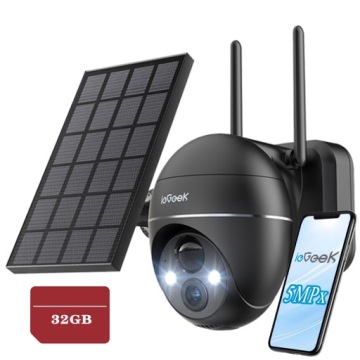 5MPx Venkovní WiFi kamera Otočná 4x Zoom Solární bezdrátová 32GB Sd