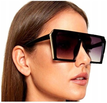 Okulary czarne damskie duże kwadratowe blogowe geometryczne złote wstawki