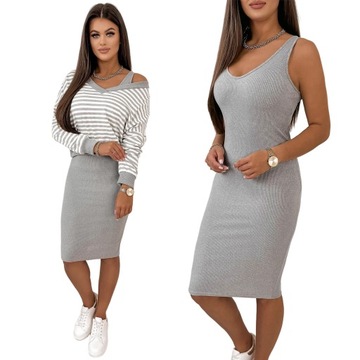 Komplet damski z wiskozy Sukienka - bluza w paski FIDES SZARY