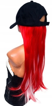 Czapka z daszkiem czarna peruka długie proste włosy biało czerwone