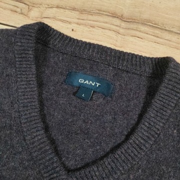 GANT Sweter Męski 100 % Wełna V Neck Logowany r. M/L