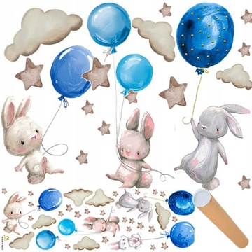 KRÓLICZKI BALONY CHMURKI NAKLEJKI NA ŚCIANĘ