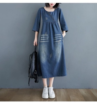 New Women Denim Dress Vintage Temperament Simple P