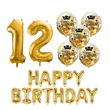 ZESTAW balony HAPPY BIRTHDAY na 12 URODZINY konfetti 100 cm