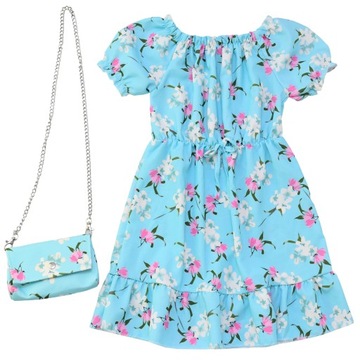 BŁĘKITNA DZIEWCZĘCA SUKIENKA Z TOREBKĄ KWIATY ELEGANCKA NA WESELE Roz. 8L