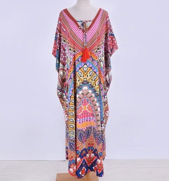 PAREO TUNIKA PLAŻOWA BOHO PRINT DŁUGA SUKIENKA ZWIEWNA NARZUTKA PLAŻĘ STRÓJ