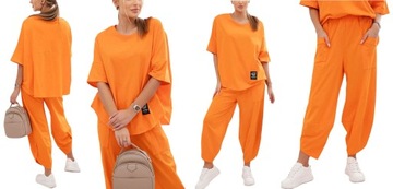 WŁOSKI ELEGANCKI KOMPLET BAWEŁNIANY BLUZKA SPODNIE DRESOWY OVERSIZE M