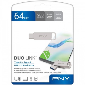Флеш-накопитель FAST 64 ГБ PNY USB-3.2+USB-C Type-C DUO-Link DUAL 200 МБ/с
