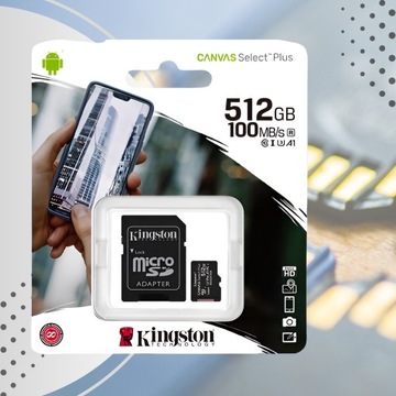 Карта памяти Micro SD 512 ГБ KINGSTON SDCS2 C10 U3 A1, адаптер 100 Мбит/с
