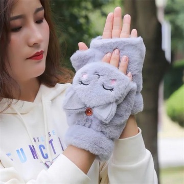 Winter Cat Rabbit Mittens Fingerless Gloves Thick Soft Plush Winter Warm