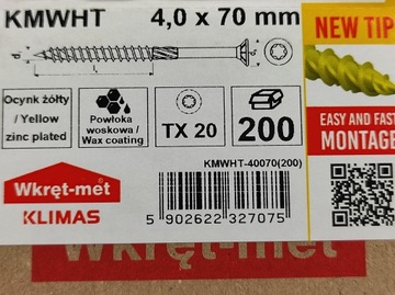 СТОЛЯРНЫЕ ВИНТЫ KMWHT 4x70 TORX КОНИЧЕСКИЕ 200 шт.