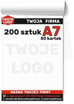 BLOCZKI REKLAMOWE A7 z nadrukiem NOTESY klejone 50-kartkowe LOGO 200 sztuk