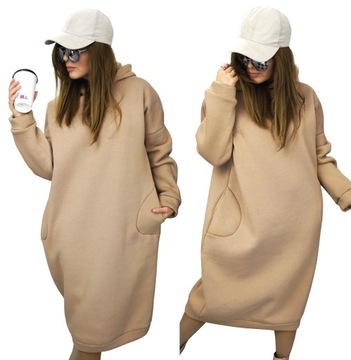 DŁUGA BLUZA SUKIENKA DRESOWA Domenica SZEROKA Z KAPTUREM OVERSIZE camel