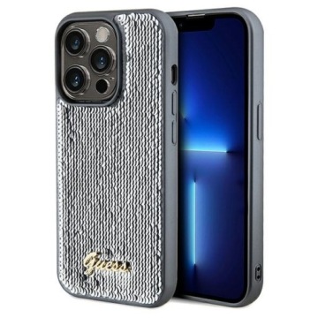 Pouzdro pro iPhone 14 Pro Max Guess Sequin Script Metal Stříbrné